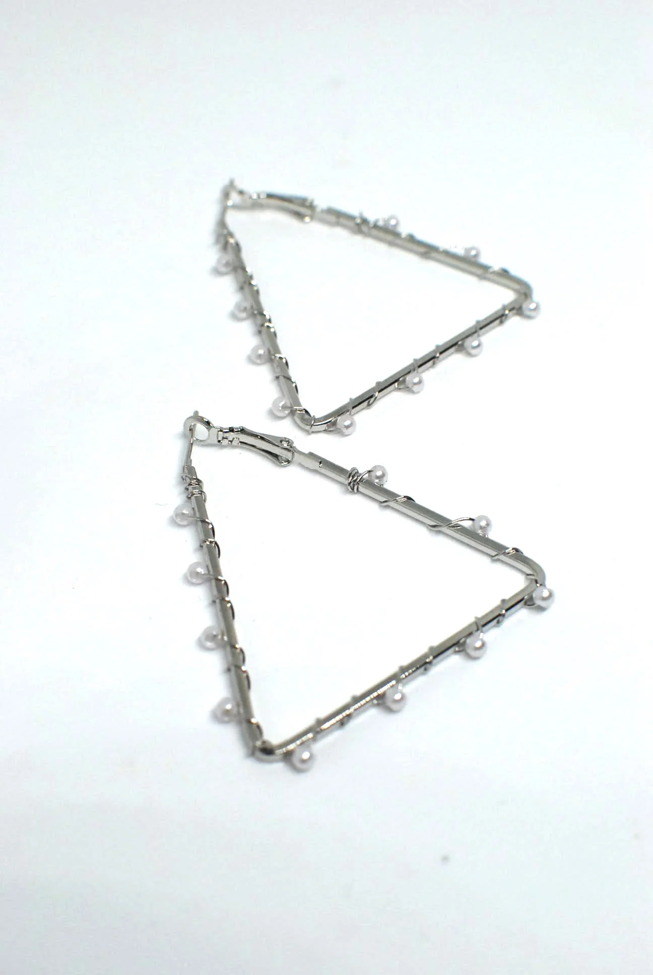 Triangle Shaped Earrings with Wired Pearl Detail - Image 3