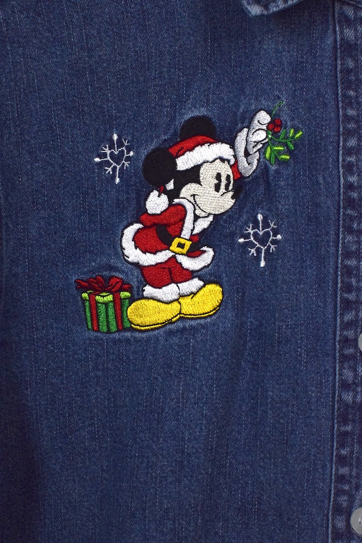 90s/00s Mickey Mouse Santa Print Denim Top - Image 3