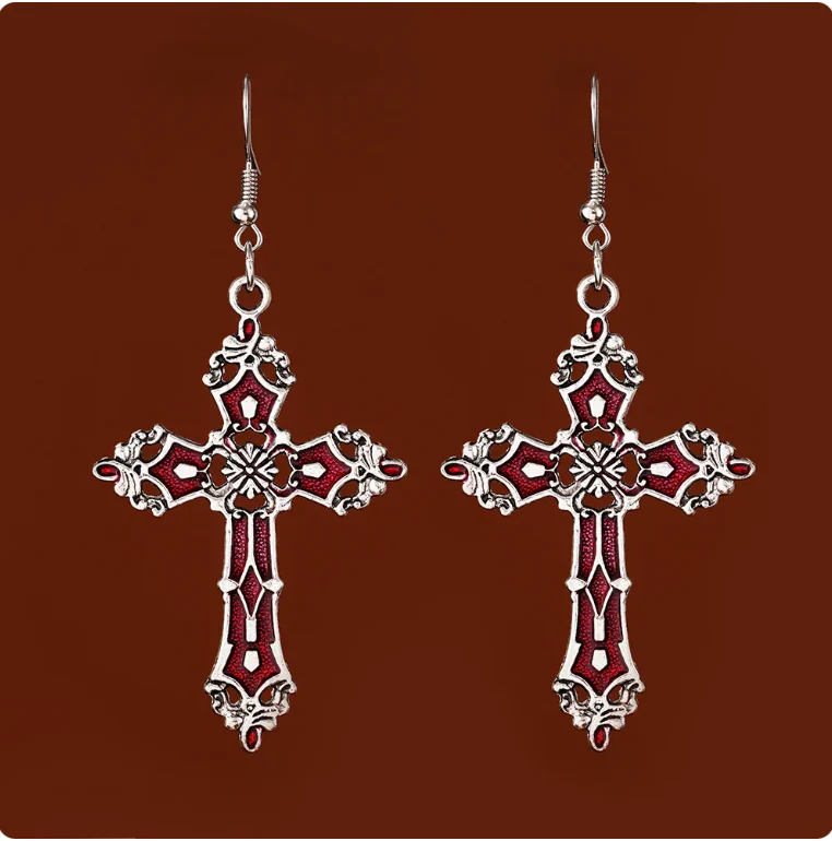 Red and Silver Gothic Cross Earrings
