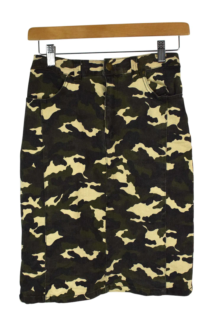 Reworked Camo Print Denim Skirt
