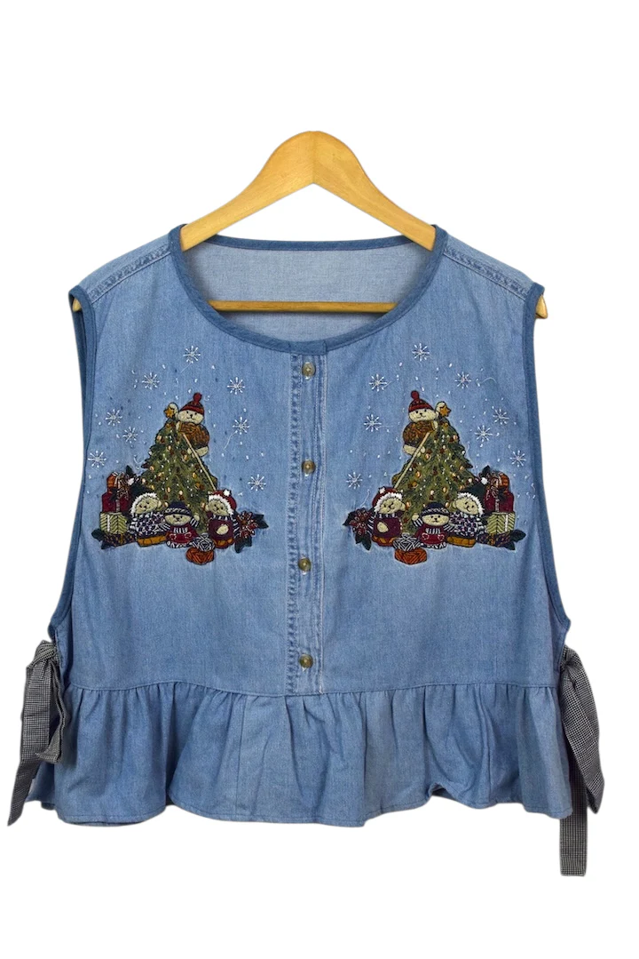 Reworked Denim Christmas Baby Doll Top